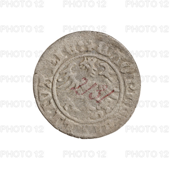 Lithuanian half-grosz, Sigismund I the Old (king of Poland; 1506–1548). Obverse: Pogon turned left; in the rim between pearl borders an inscription: TA:SIGISMV, I:1510. Reverse: Crowned Polish Eagle; in the rim between pearly borders an inscription: + MAGNI:, CIS:LITVA, IE:, 1510. Grand Duchy of Lithuania, Vilnius. Coin; diameter 19.6–20.0 mm; weight 1.16 g. R8 (rarity). Coats of arms: Eagle (coat of arms), Pogon (coat of arms); Jagiellonians (dynasty); Polish coins; eagles.