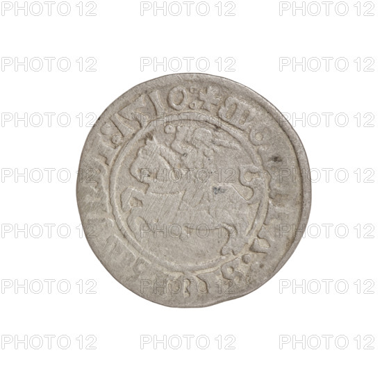 Lithuanian half-grosz, Sigismund I the Old (King of Poland; 1506–1548). Obverse: Pogon turned left; in the rim between pearl borders an inscription: + MO, A:SIG, DI:1510:. Reverse: Polish Eagle with a crown; in the rim between pearl borders an inscription: AGNI:, TVA, 1510. Grand Duchy of Lithuania, Vilnius. Coin; silver; diameter 19.4 mm; weight 0.98 g. Subjects: eagles, Jagiellons (dynasty), Eagle (coat of arms), Pogon (coat of arms), coats of arms.