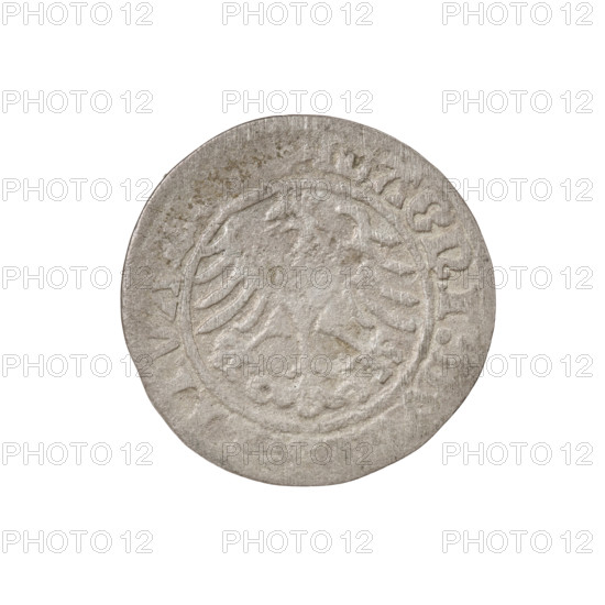 Lithuanian half-grosz, Sigismund I the Old (King of Poland; 1506–1548). Obverse: Pogon turned left; in the rim between pearl borders an inscription: + MO, A:SIG, DI:1510:. Reverse: Polish Eagle with a crown; in the rim between pearly borders an inscription: AGNI:, TVA, 1510. Grand Duchy of Lithuania, Vilnius. Coin, dia. 19.4 mm, weight 0.98 g. Coats of arms: Eagle (coat of arms), Pogon (coat of arms). Jagiellon dynasty; Polish coins; eagles.