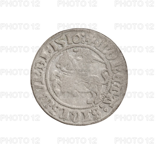 Lithuanian half-grosz, Sigismund I the Old (King of Poland; 1506–1548). Obverse: Pogon (Lithuanian coat of arms) turned left; in the rim between pearl borders an inscription: + COIN:SIGISMVNDI:1510:. Reverse: Polish crowned eagle; in the rim between pearl borders an inscription: AGNI:DVCIS:LITVANIE.:. Date: 1510. Grand Duchy of Lithuania (Vilnius). Coin, dia. ~19.7–20.0 mm, weight 1.13 g.