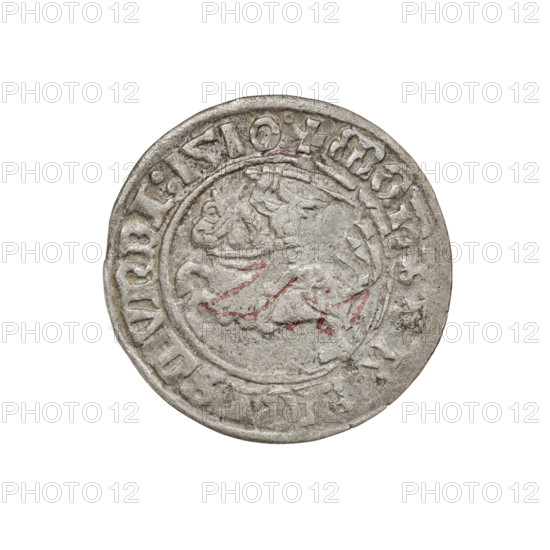 Lithuanian half-grosz, Sigismund I the Old (king of Poland; 1506–1548). Obverse: Pogon (mounted Pursuer) turned left; in the rim between pearl borders an inscription: + MON, A:, IGISMVNDI:1510:. Reverse: Crowned Polish Eagle; in the rim between pearly borders an inscription: + MAGNI:DVCIS:LITVANIE, 1510. Grand Duchy of Lithuania, Vilnius. Coin, dia. 20.0–20.3 mm, weight 1.15 g. R8 (rarity). Coats of arms: Eagle, Pogon; Jagiellons (dynasty); Polish coin.