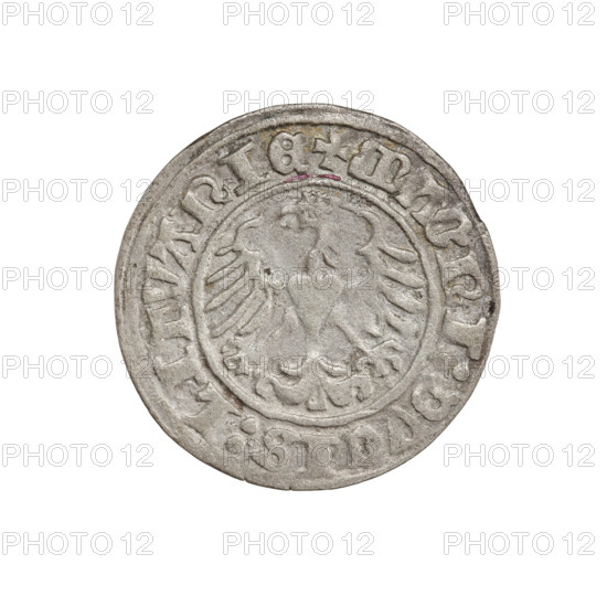 Lithuanian half-grosz, Sigismund I the Old (king of Poland; 1506–1548). Obverse: Pogon turned left; in the rim between pearl borders an inscription: + MON, A:, IGISMVNDI:1510:. Reverse: Crowned Polish Eagle; in the rim between pearly borders an inscription: + MAGNI:DVCIS:LITVANIE. 1510. Grand Duchy of Lithuania, Vilnius. Coin; diameter 20.0–20.3 mm; weight 1.15 g. R8 (rarity). Coats of arms: Eagle, Pogon. Jagiellons (dynasty). Polish coins.