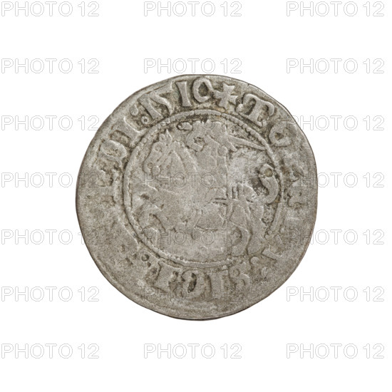 Lithuanian half-grosz, Sigismund I the Old (King of Poland; 1506–1548). Obverse: Pogon turned left; in the rim between pearl borders an inscription: + MO, :SIGIS, DI:1510. Reverse: Polish crowned Eagle; in the rim between pearly borders an inscription: + MAGNI:DVC, ITVANIE, 1510. Jagiellon dynasty; coats of arms: Eagle (coat of arms), Pogon (coat of arms; Lithuania). Grand Duchy of Lithuania, Vilnius, Poland. Coin. Diameter 19.5–20.0 mm; weight 1.08 g.