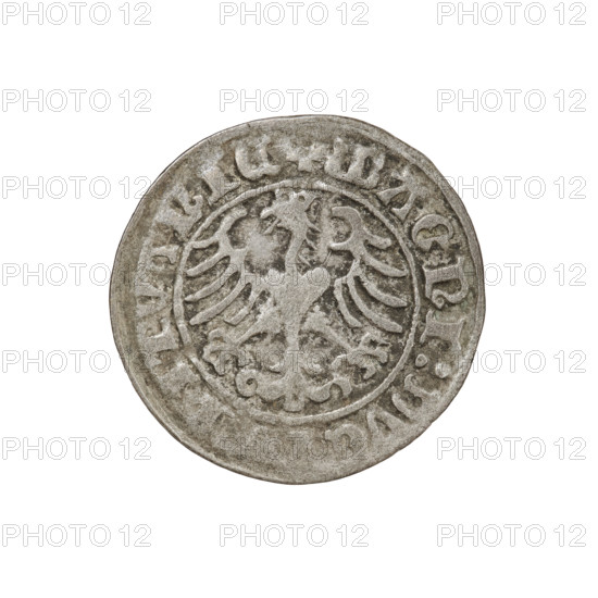 Lithuanian half-grosz, Sigismund I the Old (King of Poland; 1506–1548). Obverse: Pogon (Lithuanian knight) turned left; in rim between pearl borders inscription '+ MO:SIGIS:DI:1510'. Reverse: Polish crowned Eagle; in rim between pearl borders inscription '+ MAGNI:DVC:ITVANIE:1510'. Coats of arms: Eagle and Pogon. Grand Duchy of Lithuania, Vilnius, Poland. Coin, diameter ~19.5–20.0 mm, weight 1.08 g.