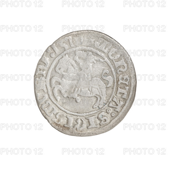 Lithuanian half-grosz, Sigismund I the Old (King of Poland; 1506–1548). Obverse: Pogon turned left; in the rim between pearl borders an inscription: + COIN:SIGISMV, DI:151. Reverse: Polish Eagle with a crown; in the rim between pearly borders an inscription: + MAGNI:DV, S:LIT, ANIE, 1510. Jagiellon dynasty; coats of arms: Eagle (coat of arms), Pogon (coat of arms; Lithuania). Grand Duchy of Lithuania, 1510. Coin; diameter 19.3–20.0 mm; weight 1.01 g.