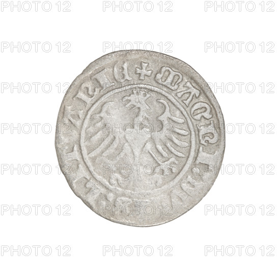 Lithuanian half-grosz, Sigismund I the Old (King of Poland; 1506–1548). Obverse: Pogon (Lithuanian charging knight) turned left; in the rim between pearl borders an inscription: + COIN:SIGISMV, DI:151. Reverse: Polish crowned Eagle; in the rim between pearly borders an inscription: + MAGNI:DV, S:LIT, ANIE, 1510. Coats of arms: Eagle (Poland) and Pogon (Lithuania). Grand Duchy of Lithuania, Vilnius; coin. Diameter ca. 19.3–20.0 mm; weight 1.01 g.