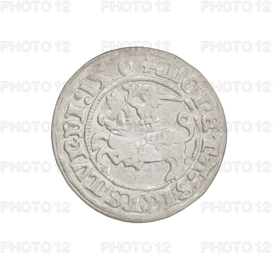 Lithuanian half-grosz, Sigismund I the Old (King of Poland; 1506–1548). Obverse: Pogon (Lithuanian coat of arms) turned left; in the rim between pearl borders an inscription: + COIN:SIGISMVNDI:1510. Reverse: Polish crowned Eagle; in the rim between pearl borders an inscription: + MAGNI:DVCIS:LITVANIE:. Dated 1510. Grand Duchy of Lithuania (Vilnius). Coin; diameter 19.9–20.2 mm; weight 1.25 g.