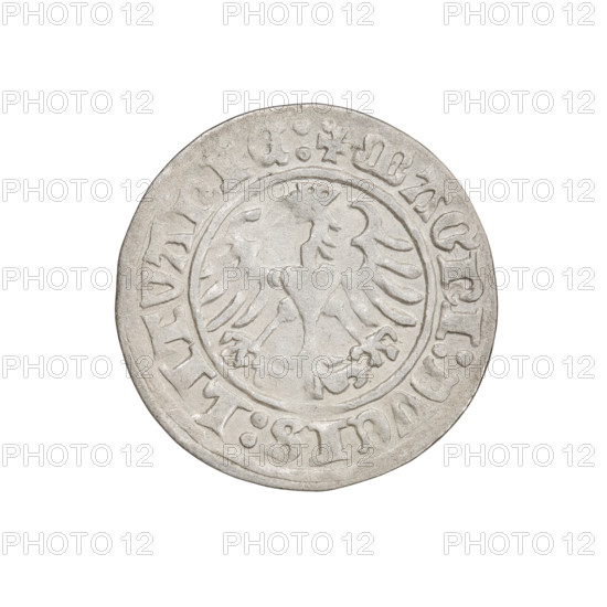 Lithuanian half-grosz, Sigismund I the Old (King of Poland; 1506–1548). Obverse: Pogon (Lithuanian coat of arms) turned left; in the rim between pearl borders an inscription: + COIN:SIGISMVNDI:1510. Reverse: Polish crowned eagle; in the rim between pearl borders an inscription: + MAGNI:DVCIS:LITVANIE:. Dated 1510. Grand Duchy of Lithuania, possibly Vilnius. Coin. Diameter 19.9–20.2 mm. Weight 1.25 g.