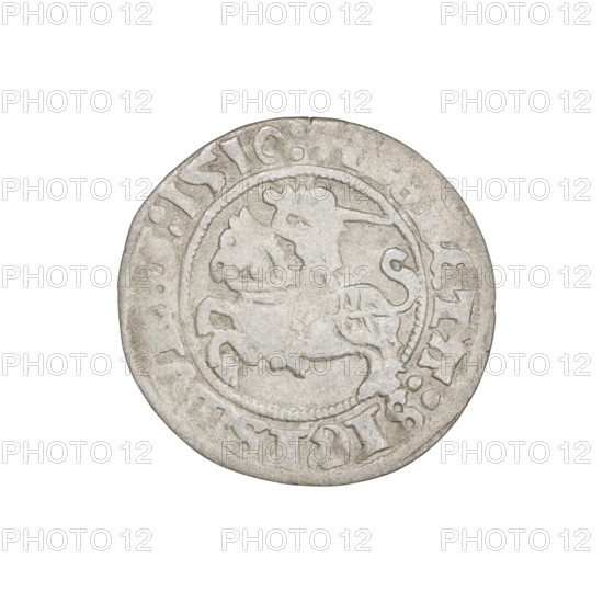 Lithuanian half-grosz, Sigismund I the Old (King of Poland; 1506–1548). Obverse: Pogon (Lithuanian coat of arms) turned left; in the rim between pearl borders an inscription 'ETA:SIGISMV' and date 1510. Reverse: Polish crowned eagle; in the rim between pearl borders an inscription '+ M: DVCIS:LITVANIE' and date 1510. Jagiellon dynasty; Grand Duchy of Lithuania, Vilnius. Coin. Diameter 19.2–20.0 mm, weight 1.14 g.