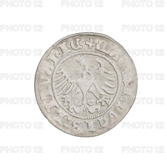 Lithuanian half-grosz, Sigismund I the Old (King of Poland; 1506–1548). Obverse: Pogon (mounted knight) turned left; in the rim between pearl borders an inscription: ETA:SIGISMV, :1510:. Reverse: Polish crowned eagle; in the rim between pearl borders an inscription: + M, :DVCIS:LITVANIE, 1510. Coats of arms: Eagle (coat of arms), Pogon (coat of arms; Lithuania). Jagiellon dynasty. Grand Duchy of Lithuania, Vilnius. Coin, diameter 19.2–20.0 mm, weight 1.14 g.