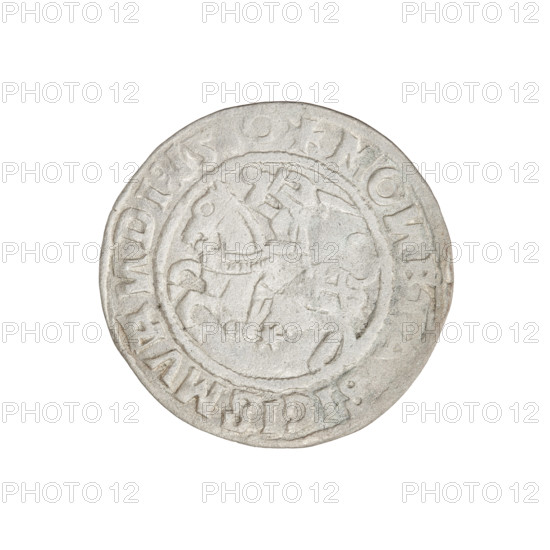 Lithuanian half-grosz, Sigismund I the Old (King of Poland, 1506–1548). Obverse: Pogon (mounted knight) turned left; in the rim between pearl borders an inscription: + MO, ET, SIGISMV, DI:1510. Reverse: Polish crowned Eagle; in the rim between pearly borders an inscription: + M, G, I:DVCIS:LITVA, 1510. Jagiellon dynasty; coats of arms (Eagle, Pogon). Grand Duchy of Lithuania, Vilnius. Coin, dia. 20.0–20.4 mm, weight 1.14 g.