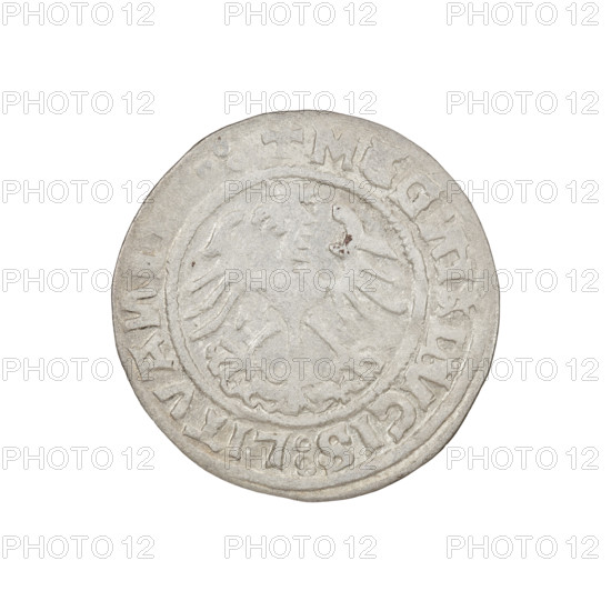 Lithuanian half-grosz, Sigismund I the Old (King of Poland; 1506–1548). Obverse: Pogon (mounted knight) turned left; in the rim between pearl borders an inscription: + MO, ET, SIGISMV, DI:1510. Reverse: Polish crowned eagle; in the rim between pearl borders an inscription: + M, G, I:DVCIS:LITVA, 1510. Coats of arms: Eagle (coat of arms), Pogon (coat of arms; Lithuania). Jagiellon dynasty. Grand Duchy of Lithuania, Vilnius. Coin. Diameter: 20.0–20.4 mm. Weight: 1.14 g.