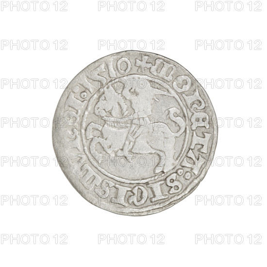 Lithuanian half-grosz, Sigismund I the Old (King of Poland; 1506–1548). Obverse: Pogon turned left; in the rim between pearl borders an inscription: + COIN:SIGISMVNDI:1510. Reverse: Polish eagle with a crown; in the rim between pearl borders an inscription: I:DVCIS:LITVANI, 1510. Coats of arms: Eagle (coat of arms), Pogon (coat of arms; Lithuania). Grand Duchy of Lithuania; Vilnius. Silver coin, diameter ~19.1–19.4 mm, weight 1.19 g.