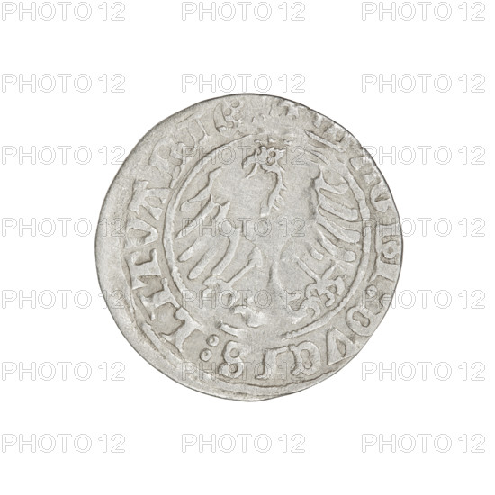 Lithuanian half-grosz, Sigismund I the Old (King of Poland; 1506–1548). Obverse: Pogon turned left; in the rim between pearl borders an inscription: + COIN:SIGISMVNDI:1510. Reverse: Polish crowned eagle; in the rim between pearl borders an inscription: I:DVCIS:LITVANI, 1510. Grand Duchy of Lithuania. Coin dia. 19.1–19.4 mm; weight 1.19 g. Coats of arms: Eagle (coat of arms), Pogon. Jagiellon dynasty; Polish coins; eagles.