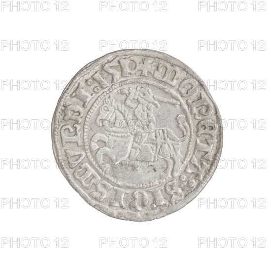 Lithuanian half-grosz, Sigismund I the Old (King of Poland; 1506–1548). Obverse: Pogon (Lithuanian coat of arms) turned left; in the rim between pearl borders an inscription: + COIN:SIGISMVNDI:1510. Reverse: Polish eagle with a crown; in the rim between pearl borders an inscription: + M, I:DVCI, :LITVA, 1510. Grand Duchy of Lithuania, Vilnius. Coin. Diameter 19.7–20.0 mm; weight 1.22 g.