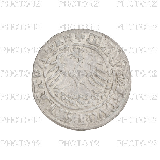 Lithuanian half-grosz, Sigismund I the Old (King of Poland; 1506–1548). Obverse: Pogon (Lithuanian charging knight) turned left; in the rim between pearl borders an inscription: + COIN:SIGISMVNDI:1510. Reverse: Polish crowned eagle; in the rim between pearl borders an inscription: + M, I:DVCI, :LITVA, 1510. Materials/type: coin (Grand Duchy of Lithuania, Vilnius). Dimensions: diameter 19.7–20.0 mm; weight 1.22 g. Subjects/ motifs: eagles, Pogon, coats of arms; Jagiellon dynasty.