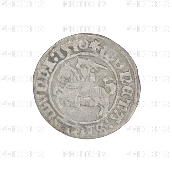Lithuanian half-grosz, Sigismund I the Old (King of Poland; 1506–1548). Obverse: Pogon (Lithuanian coat of arms) turned left; in the rim between pearl borders an inscription '+ COIN:SIG, MVNDI:1510'. Reverse: Polish eagle with crown; in the rim between pearl borders an inscription '+, AGNI:DVCIS:LITVANIE, 1510'. Grand Duchy of Lithuania, Vilnius. Coin, dia. 19.4–20.0 mm, weight 1.18 g.