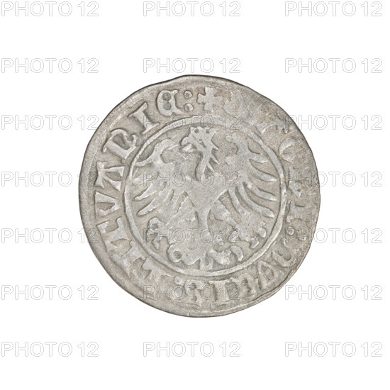Lithuanian half-grosz, Sigismund I the Old (King of Poland; 1506–1548). Obverse: Pogon turned left; in the rim between pearl borders an inscription: + COIN:SIG, MVNDI:1510. Reverse: Polish crowned eagle; in the rim between pearl borders an inscription: +, AGNI:DVCIS:LITVANIE, 1510. Grand Duchy of Lithuania, Vilnius. Coin (dia. 19.4–20.0 mm), weight 1.18 g. Subjects: eagles, Jagiellons dynasty, coats of arms (Eagle, Pogon).