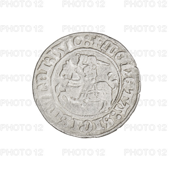 Lithuanian half-grosz, Sigismund I the Old (king of Poland; 1506–1548). Obverse: Pogon (mounted knight) turned left; in the rim between pearl borders an inscription: + COIN:SIGIS, DI:1510:. Reverse: Polish crowned Eagle; in the rim between pearly borders an inscription: + MAGNI:DVCIS:LITVANIE:. Date: 1510. Materials/Type: coin; Grand Duchy of Lithuania. Dimensions: diameter 19.7–20.2 mm; weight 1.13 g. Subjects/themes: eagles, Jagiellon dynasty, coats of arms.