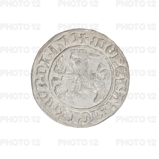 Lithuanian half-grosz, Sigismund I the Old (king of Poland; 1506–1548). Obverse: Pogon turned left; in the rim between pearl borders an inscription: + COIN:SIGISMVNDI:1510. Reverse: Polish eagle with a crown; in the rim between pearl borders an inscription: + MAGNI:DVCIS:LITVANIE:. Dated 1510. Grand Duchy of Lithuania. Coin. Diameter ~19.6–19.8 mm. Weight 1.17 g.