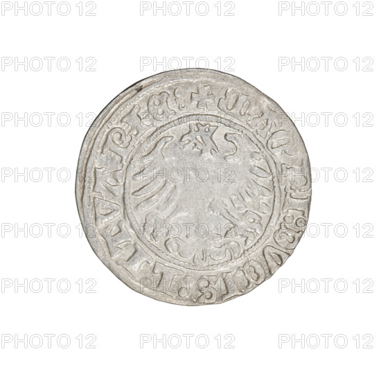 Lithuanian half-grosz, Sigismund I the Old (king of Poland; 1506–1548). Obverse: Pogon (Lithuanian horseman) turned left; in the rim between pearl borders an inscription: + COIN:SIGISMVNDI:1510. Reverse: Polish crowned eagle; in the rim between pearl borders an inscription: + MAGNI:DVCIS:LITVANIE:. Dated 1510. Grand Duchy of Lithuania (Vilnius). Coin. Diameter 19.6–19.8 mm, weight 1.17 g.