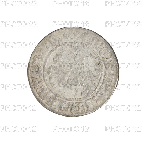 Lithuanian half-grosz, Sigismund I the Old (King of Poland; 1506–1548). Obverse: Pogon (Lithuanian mounted knight) turned left; in the rim between pearl borders an inscription: + COIN:SIGISMVND, :1510:. Reverse: Polish crowned eagle; in the rim between pearl borders an inscription: + MAG, I:DVCIS:L, NIE, 1510. Grand Duchy of Lithuania, Vilnius, Poland. Coin. Diameter 19.7–20.0 mm; weight 1.14 g. R8 (rarity). Coats of arms: Eagle, Pogon. Jagiellon dynasty.
