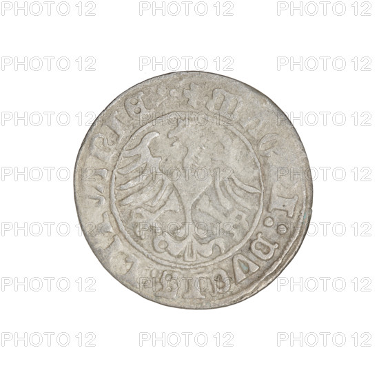 Lithuanian half-grosz, Sigismund I the Old (King of Poland; 1506–1548). Obverse: Pogon (Lithuanian coat of arms) turned left; in the rim between pearl borders an inscription: + COIN:SIGISMVND :1510:. Reverse: Polish crowned Eagle; in the rim between pearly borders an inscription: + MAG, I:DVCIS:L, NIE, 1510. Grand Duchy of Lithuania, Vilnius, Poland. Coin; diameter 19.7–20.0 mm, weight 1.14 g. R8 (rarity); eagles; Jagiellon dynasty; coats of arms.