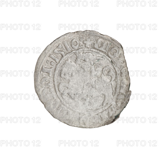 Lithuanian half-grosz, Sigismund I the Old (king of Poland; 1506–1548). Obverse: Pogon (Lithuanian coat of arms) turned left; in the rim between pearl borders an inscription: + MON, A:SI, NDI:1510:. Reverse: Polish Eagle with a crown; in the rim between pearly borders an inscription: +, DVCIS:LITVANIE.:., 1510. Grand Duchy of Lithuania, Vilnius. Coin. Diameter 18.8–20.0 mm, weight 0.80 g.