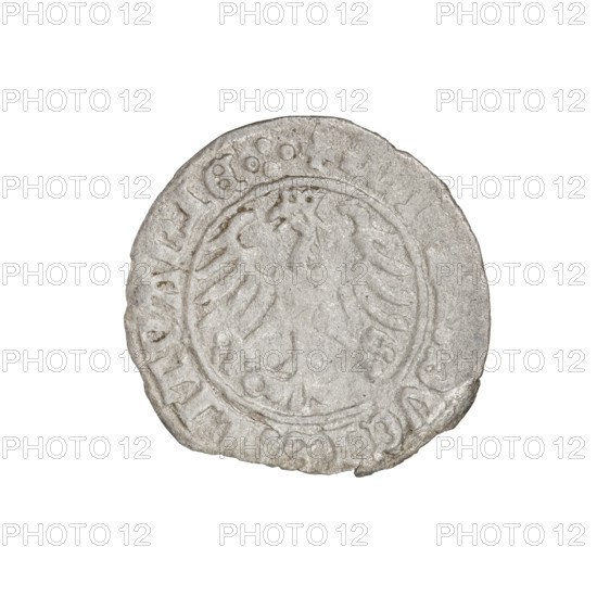 Lithuanian half-grosz, Sigismund I the Old (king of Poland; 1506–1548). Obverse: Pogon (Lithuanian coat of arms) turned left; in the rim between pearl borders an inscription: + MON, A:SI, NDI:1510:. Reverse: Polish Eagle with a crown; in the rim between pearly borders an inscription: +, DVCIS:LITVANIE.:., 1510. Material: coin from the Grand Duchy of Lithuania (Vilnius, 1510). Dimensions: diameter 18.8–20.0 mm; weight 0.80 g. Subjects: eagles, Jagiellon dynasty, coats of arms.
