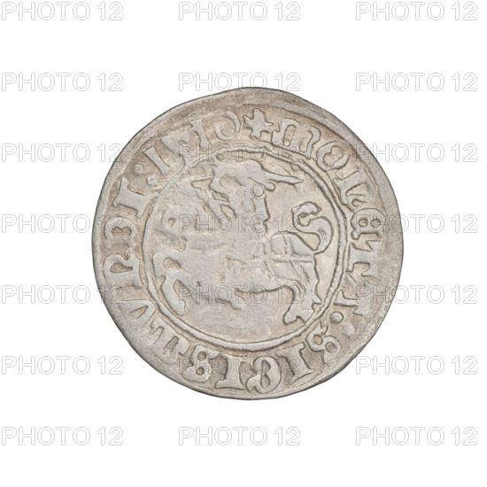 Lithuanian half-grosz, Sigismund I the Old (king of Poland; 1506–1548). Obverse: Pogon (Lithuanian coat of arms) turned left; in the rim between pearl borders an inscription: + COIN:SIGISMVNDI:1510. Reverse: Polish crowned eagle; in the rim between pearl borders an inscription: + MAGNI:DVCIS:LITVANIE:. Dated 1510. Grand Duchy of Lithuania. Coin diameter ca. 19.8–20.0 mm; weight 1.16 g. Subjects/themes: eagles, Jagiellon dynasty, coats of arms. Materials/medium: coin.