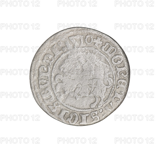 Lithuanian half-grosz, Sigismund I the Old (king of Poland; 1506–1548). Obverse: Pogon (Lithuanian knight) turned left; in rim between pearl borders an inscription: + COIN:SIGISMVNDI:1510. Reverse: Polish crowned eagle; in rim between pearl borders an inscription: + MAG, VCIS:LITVANIE:. Dated 1510. Materials: coin. Dimensions: diameter ~19.4–20.0 mm; weight 1.09 g. Subjects/ motifs: eagles, Jagiellon dynasty, coats of arms (Eagle, Pogon).