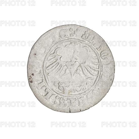Lithuanian half-grosz, Sigismund I the Old (king of Poland; 1506–1548). Obverse: Pursuer (coat of arms of Lithuania) turned left; in the rim between pearl borders an inscription: +, A:SIGISMVNDI:1510:. Reverse: Polish eagle with crown; in the rim between pearl borders an inscription: + MAGN, S:LITIE:, 1510. Grand Duchy of Lithuania, Vilnius, Poland. Coin. Diameter 19.5–19.9 mm; weight 1.22 g.