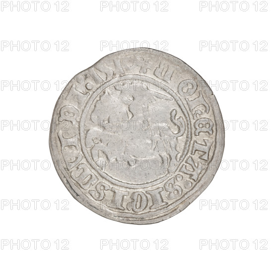 Lithuanian half-grosz, Sigismund I the Old (king of Poland, 1506–1548). Obverse: Pogon (mounted knight) turned left; in the rim between pearl borders an inscription: + COIN:SIGISMVNDI:1510. Reverse: Polish crowned eagle; in the rim between pearl borders an inscription: + MAGNI:DVCIS:LITVANIE, 1510. Grand Duchy of Lithuania, Vilnius. Coin; diameter 19.9–20.3 mm, weight 1.22 g.