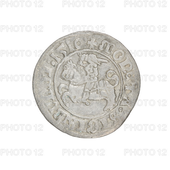 Lithuanian half-grosz, Sigismund I the Old (king of Poland; 1506–1548). Obverse: Pogon (Lithuanian coat of arms) turned left; in the rim between pearl borders an inscription: + COIN:SIGISMVNDI:1510:. Reverse: Polish crowned eagle; in the rim between pearl borders an inscription: + M, NI:DVCIS:LITVANIE, 1510. Grand Duchy of Lithuania, Vilnius. Coin (silver?): diameter 19.6–20.0 mm, weight 1.20 g.