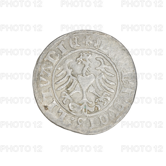 Lithuanian half-grosz, Sigismund I the Old (king of Poland; 1506–1548). Obverse: Pogon turned left; in the rim between pearl borders an inscription: + COIN:SIGISMVNDI:1510:. Reverse: Polish eagle with a crown; in the rim between pearl borders an inscription: + M, NI:DVCIS:LITVANIE, 1510. Grand Duchy of Lithuania, Vilnius. Coin, silver; diameter ca. 19.6–20.0 mm; weight 1.20 g. Coats of arms: Pogon (Lithuania) and Eagle (Poland). Jagiellon dynasty.