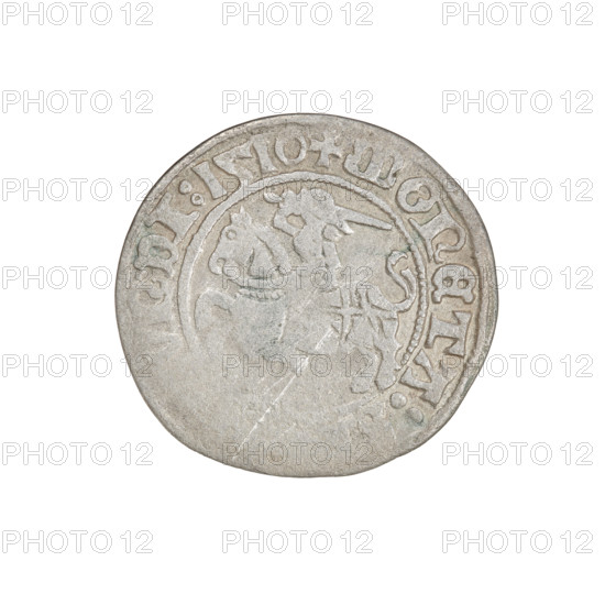 Lithuanian half-grosz, Sigismund I the Old (King of Poland; 1506–1548). Obverse: Pogon (Lithuanian coat of arms) turned left; in the rim between pearly borders an inscription: + COIN:, NDI:1510. Reverse: Polish crowned eagle; in the rim between pearly borders an inscription: + MAGNI:DVC, NO.:., 1510. Grand Duchy of Lithuania, Vilnius. Coin. Diameter 19.0–20.0 mm; weight 1.10 g.
