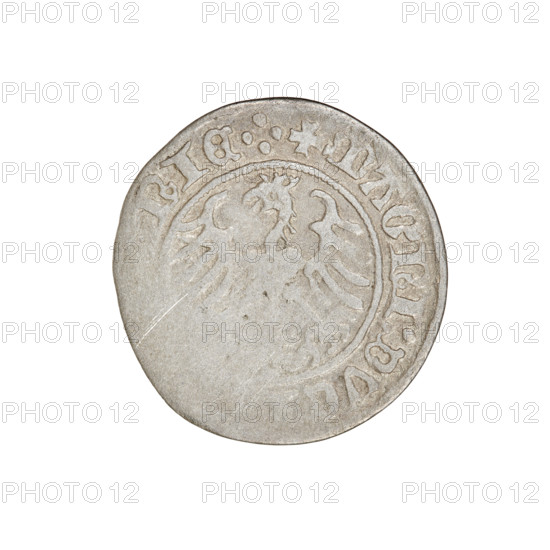 Lithuanian half-grosz, Sigismund I the Old (King of Poland; 1506–1548). Obverse: Pogon (Chase) turned left; in the rim between pearly borders an inscription: + COIN:, NDI:1510. Reverse: Polish crowned Eagle; in the rim between pearly borders an inscription: + MAGNI:DVC, NO.:., 1510. Jagiellon dynasty; coat of arms: Eagle and Pogon. Grand Duchy of Lithuania, Vilnius. Coin (Poland/Lithuania). Diameter 19.0–20.0 mm; weight 1.10 g.
