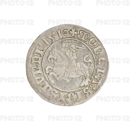 Lithuanian half-grosz, Sigismund I the Old (king of Poland; 1506–1548). Obverse: Pogon (mounted knight) turned left; rim between pearl borders inscribed '+ COIN:SIGISMVNDI:1510'. Reverse: Polish crowned eagle; rim between pearl borders inscribed '+ MAGNI:DVCIS:LITVANIE:'. Dated 1510. Grand Duchy of Lithuania. Coin. Diameter ~19.4–20.0 mm. Weight 1.12 g. Coats of arms: Eagle and Pogon. Jagiellon dynasty.
