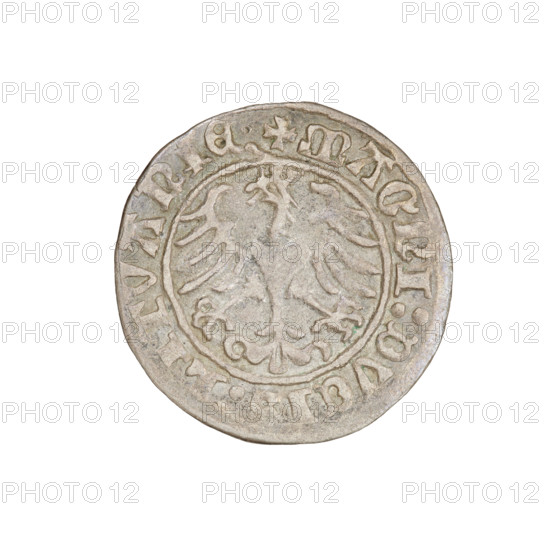 Lithuanian half-grosz, Sigismund I the Old (king of Poland; 1506–1548). Obverse: Pogon (Lithuanian coat of arms) turned left; in the rim between pearl borders an inscription: + COIN:SIGISMVNDI:1510. Reverse: Polish crowned eagle; in the rim between pearl borders an inscription: + MAGNI:DVCIS:LITVANIE:. Dated 1510. Grand Duchy of Lithuania. Coin. Diameter 19.4–20.0 mm. Weight 1.12 g.