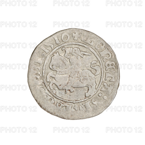 Lithuanian half-grosz, Sigismund I the Old (king of Poland; 1506–1548). Obverse: Pogon (coat of arms) turned left; in the rim between pearl borders an inscription: + COIN:, I:1510. Reverse: Polish eagle with a crown; in the rim between pearl borders an inscription: MAGNI:DVCIS:LI, 1510. Grand Duchy of Lithuania, Vilnius. Coin; diameter 19.6–20.0 mm; weight 1.20 g.