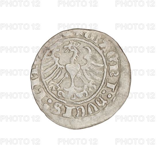 Lithuanian half-grosz, Sigismund I the Old (king of Poland; 1506–1548). Obv.: Pogon (mounted knight) turned left; in the rim between pearl borders an inscription: + COIN: I:1510. Rev.: Polish crowned Eagle; in the rim between pearl borders an inscription: MAGNI:DVCIS:LI 1510. Grand Duchy of Lithuania, Vilnius. Coin; diameter 19.6–20.0 mm; weight 1.20 g.