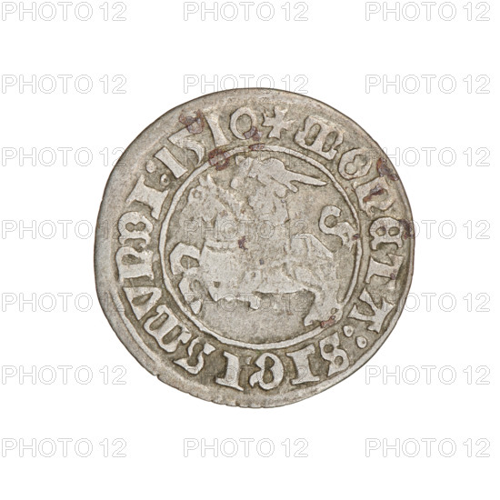 Lithuanian half-grosz, Sigismund I the Old (king of Poland; 1506–1548). Obverse: Pogon turned left; in the rim between pearl borders an inscription: + COIN:SIGISMVNDI:1510. Reverse: Polish Eagle with a crown; in the rim between pearl borders an inscription: + MAGNI:DVCIS:LITVANIE. Dated 1510. Grand Duchy of Lithuania (Vilnius). Coin; diameter 19.9–20.1 mm; weight 1.16 g.
