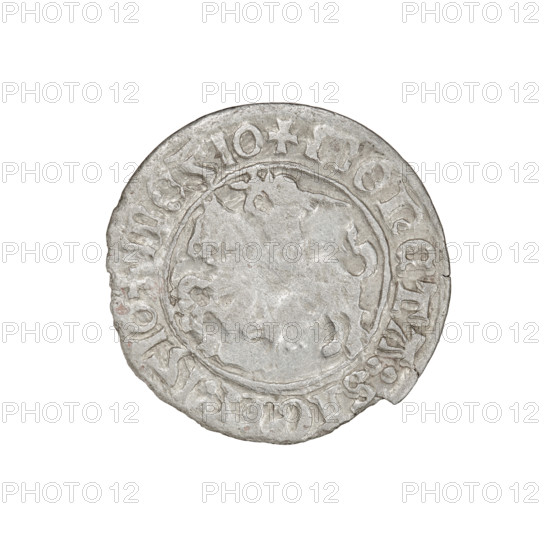 Lithuanian half-grosz, Sigismund I the Old (king of Poland; 1506–1548). Obverse: Pogon turned left; in the rim between pearl borders an inscription '+ COIN:SIG'. Reverse: Polish Eagle with a crown; in the rim between pearl borders an inscription '+ MAGNI:DVC, IE:'. Dated 1510. Grand Duchy of Lithuania, Vilnius. Coin. Diameter 19.6–20.2 mm. Weight 1.13 g.