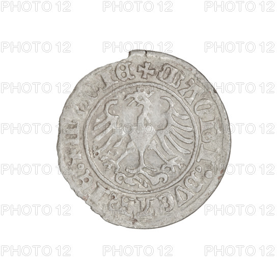 Lithuanian half-grosz, Sigismund I the Old (king of Poland; 1506–1548). Obverse: Pogon (Lithuanian charging knight) turned left; in the rim between pearl borders an inscription: + COIN:SIG. Reverse: Polish crowned eagle; in the rim between pearl borders an inscription: + MAGNI:DVC, IE:. Date: 1510. Grand Duchy of Lithuania, Vilnius. Coin; diameter 19.6–20.2 mm; weight 1.13 g. Coats of arms present: Eagle (coat of arms) and Pogon. Jagiellon dynasty.