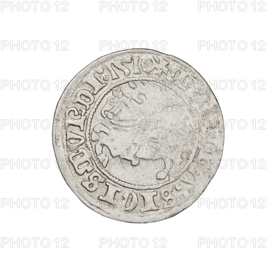 Lithuanian half-grosz, Sigismund I the Old (king of Poland; 1506–1548). Obverse: Pogon (Lithuanian coat of arms) turned left; in the rim between pearl borders an inscription: + M, A:SIGISMVNDI:1510. Reverse: Polish crowned eagle; in the rim between pearl borders an inscription: + MAGNI:IS:LITVANIE:, 1510. Grand Duchy of Lithuania, coin. Diameter: 19.8–20.0 mm. Weight: 1.22 g.