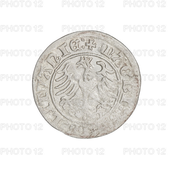 Lithuanian half-grosz, Sigismund I the Old (king of Poland; 1506–1548). Obverse: Pogon turned left; in the rim between pearl borders an inscription: + M, A:SIGISMVNDI:1510. Reverse: Polish eagle with a crown; in the rim between pearl borders an inscription: + MAGNI:IS:LITVANIE:, 1510. Grand Duchy of Lithuania. Coin (Poland/Lithuania). Diameter 19.8–20.0 mm; weight 1.22 g.