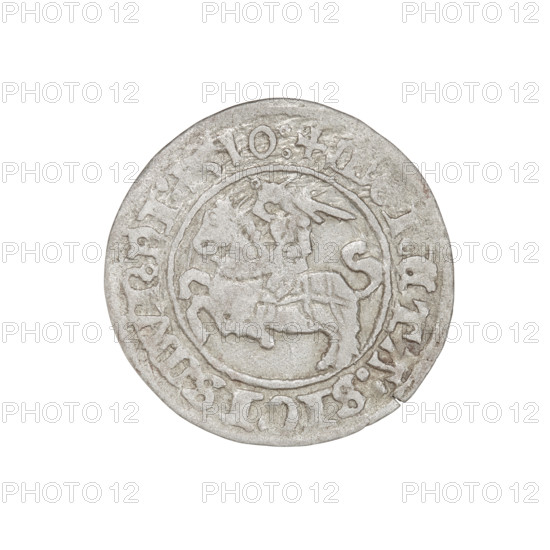 Lithuanian half-grosz, Sigismund I the Old (king of Poland; 1506–1548). Obverse: Pogon (mounted knight) turned left; in the rim between pearl borders an inscription: + ETA:SIGISMVNDI:1510:. Reverse: Polish crowned eagle; in the rim between pearly borders an inscription: + MAGNI:DVCIS:LITV, IE, 1510. Jagiellon dynasty; coats of arms: Eagle and Pogon. Grand Duchy of Lithuania; Vilnius, Poland. Coin, diameter 19.8–20.0 mm, weight 1.24 g.