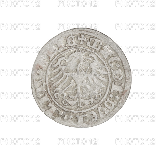Lithuanian half-grosz, Sigismund I the Old (king of Poland; 1506–1548). Obverse: Pogon (Lithuanian coat of arms) turned left; in the rim between pearl borders an inscription: + ETA:SIGISMVNDI:1510:. Reverse: Polish crowned eagle; in the rim between pearl borders an inscription: + MAGNI:DVCIS:LITV, IE, 1510. Materials/format: coin (half-grosz), Grand Duchy of Lithuania, Vilnius; diameter ca. 19.8–20.0 mm; weight 1.24 g.