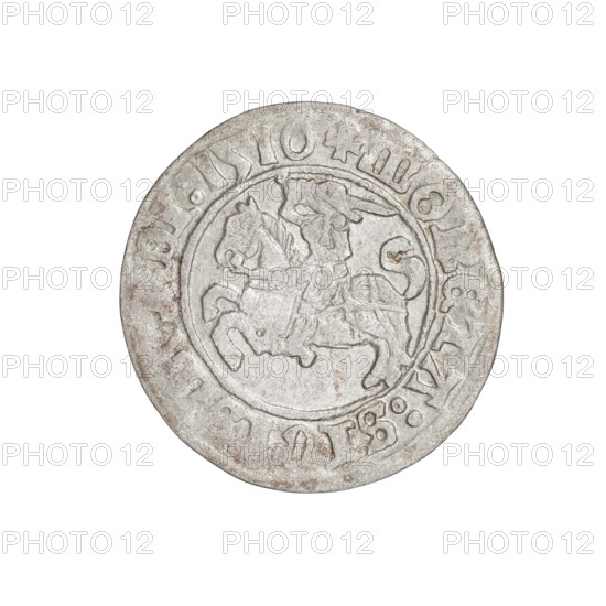 Lithuanian half-grosz, Sigismund I the Old (king of Poland; 1506–1548); Obverse: Pogon (mounted knight) turned left, in the rim between pearl borders an inscription '+ COIN:SIGISM, DI:1510'; Reverse: Polish crowned eagle, in the rim between pearl borders an inscription '+ MAGNI:DVCIS:, IE.:., 1510'; Coats of arms: Pogon and Eagle; Grand Duchy of Lithuania, Vilnius; coin; dia. 19.4–20.0 mm; weight 1.24 g.