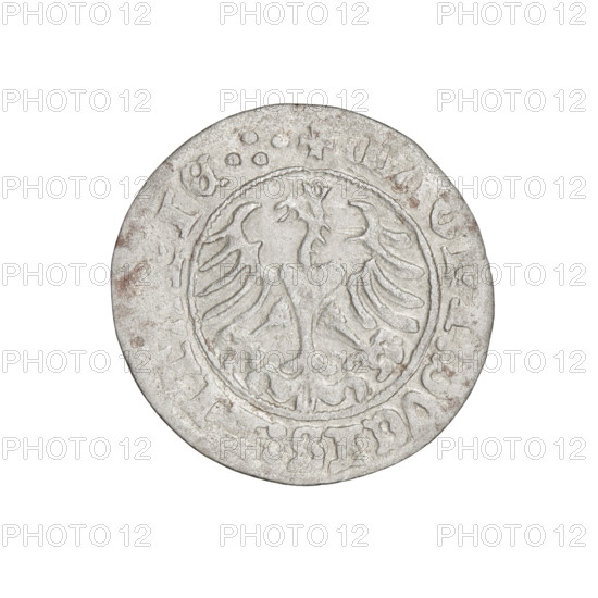 Lithuanian half-grosz, Sigismund I the Old (king of Poland; 1506–1548). Obverse: Pogon (Lithuanian coat of arms) turned left; in the rim between pearl borders an inscription: + COIN:SIGISM, DI:1510. Reverse: Polish crowned eagle; in the rim between pearl borders an inscription: + MAGNI:DVCIS:, IE.:., 1510. Grand Duchy of Lithuania, Vilnius. Coin. Diameter 19.4–20.0 mm. Weight 1.24 g.